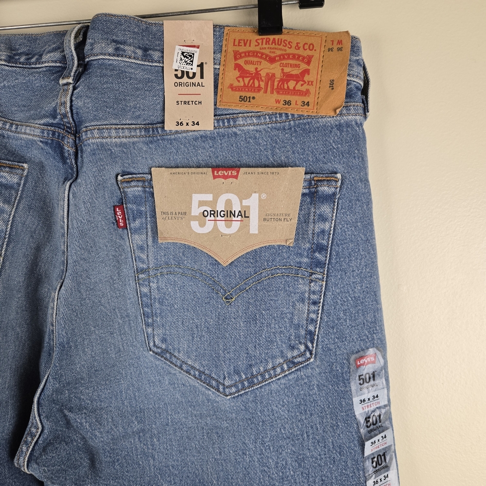NWT Levi's Original 501 Medium Blue Straight Jeans Size 36x34 Stretch - Picture 2 of 5